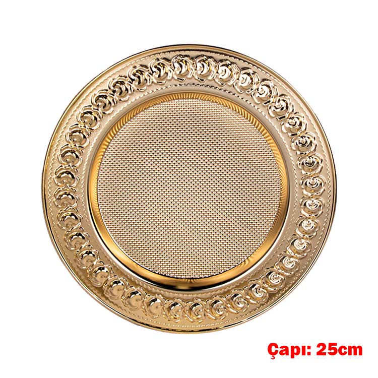 Gül Desenli Gold Metal Tabak - 25cm