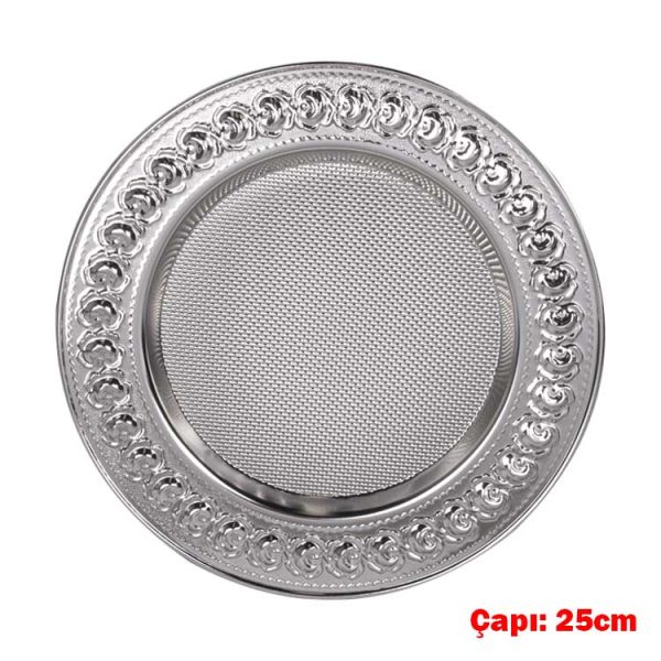 Gül Desenli Gümüş Metal Tabak - 25cm