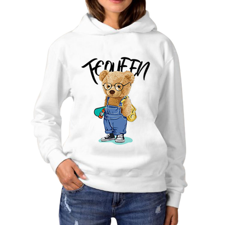 Kapşonlu Cepsiz Beyaz Sweatshirt - Görsel 4