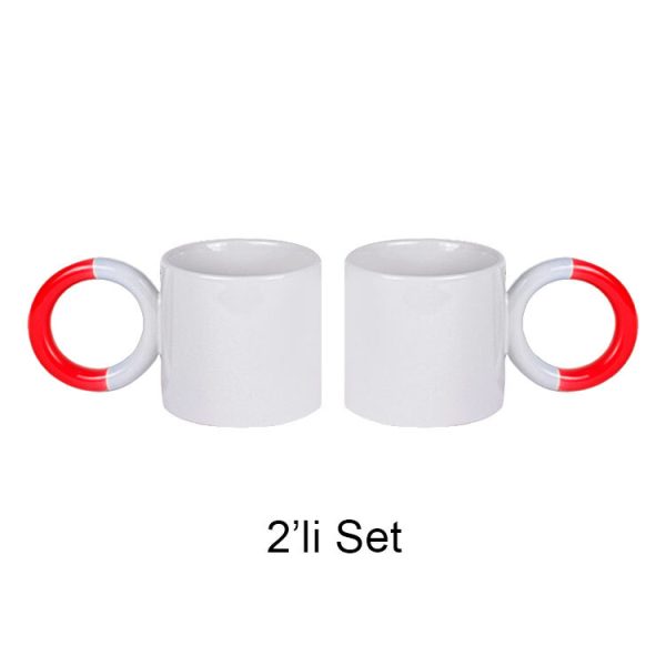 Kırmızı Halka Kulplu Porselen Kupa Bardak - 2'li set