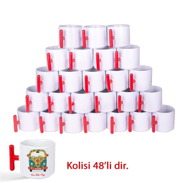 Porselen Kırmızı Kulplu T Kupa Bardak