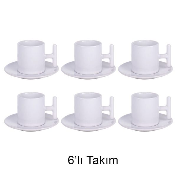 T Kulplu Türk Kahvesi Fincan Takımı - 6'lı Beyaz